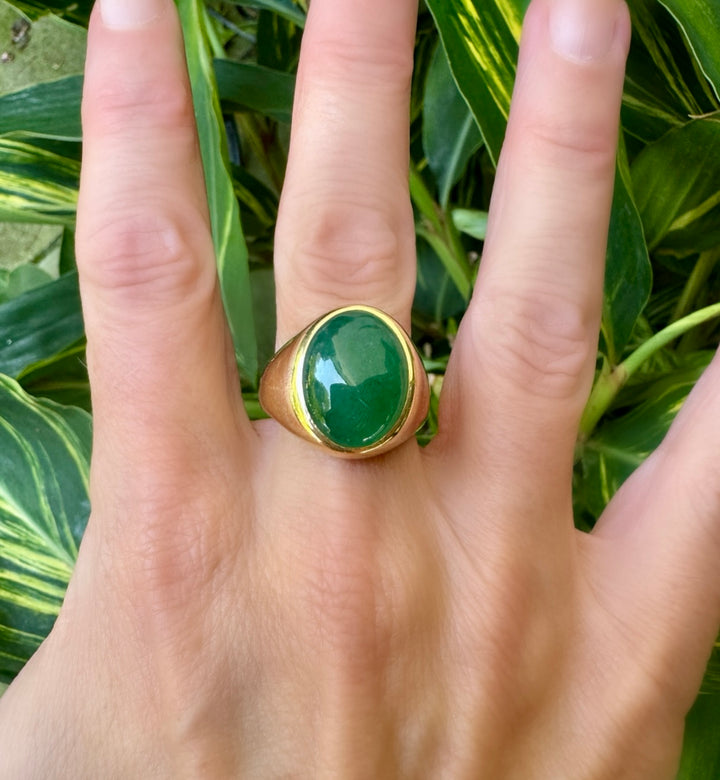 Oval Cabochon Emerald and 14K Yellow Gold Ring