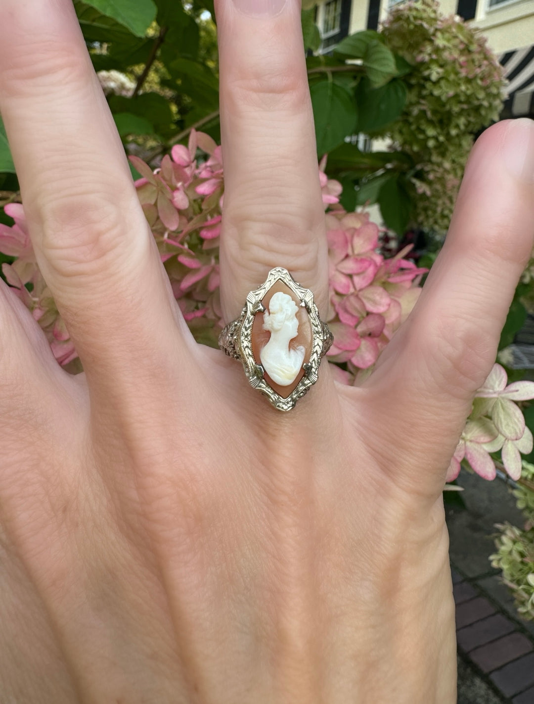 Antique Cameo Filigree 14K White Gold Ring