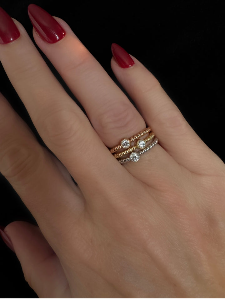 Set of Three Yellow, Rose and White 14k Gold Bezel Set Natural Diamond Ring