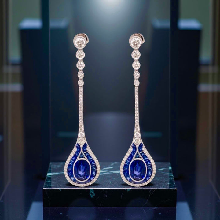 Aristocrat Art Deco Style 5.95 ctw Sapphire and Diamond18K White Gold Dangle Earrings