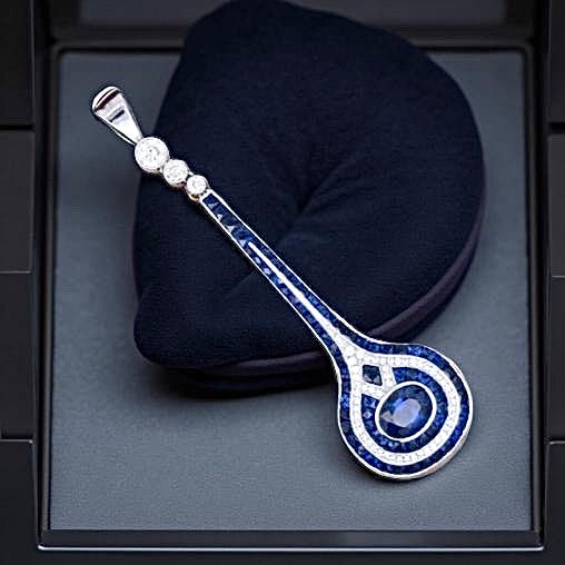 French Cut Sapphire and Diamond 18K White Gold Pendant