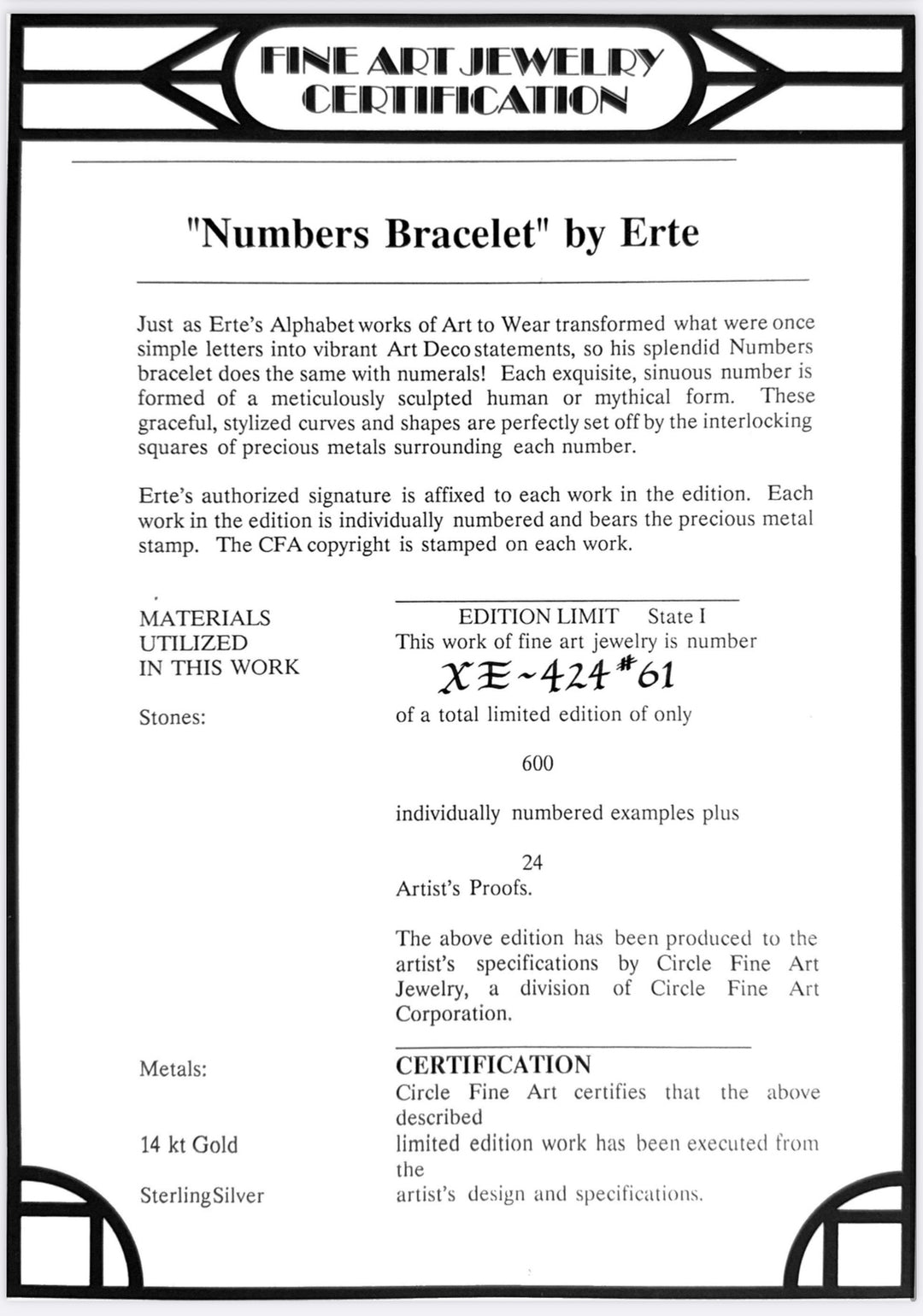 Erté "The Numerals" 14K Gold and Sterling Silver Bracelet