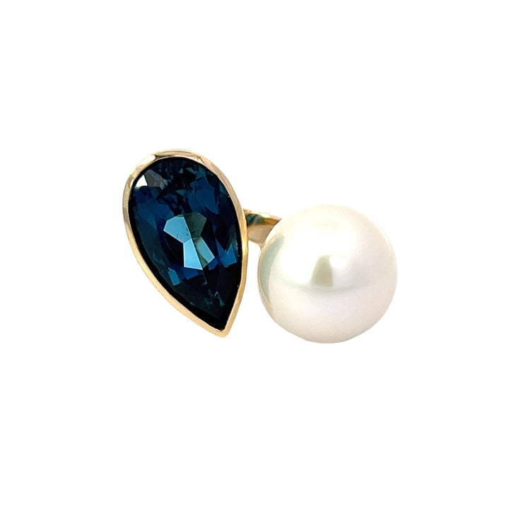 London Blue Topaz & Fresh Water Pearl 14K Yellow Gold Ring