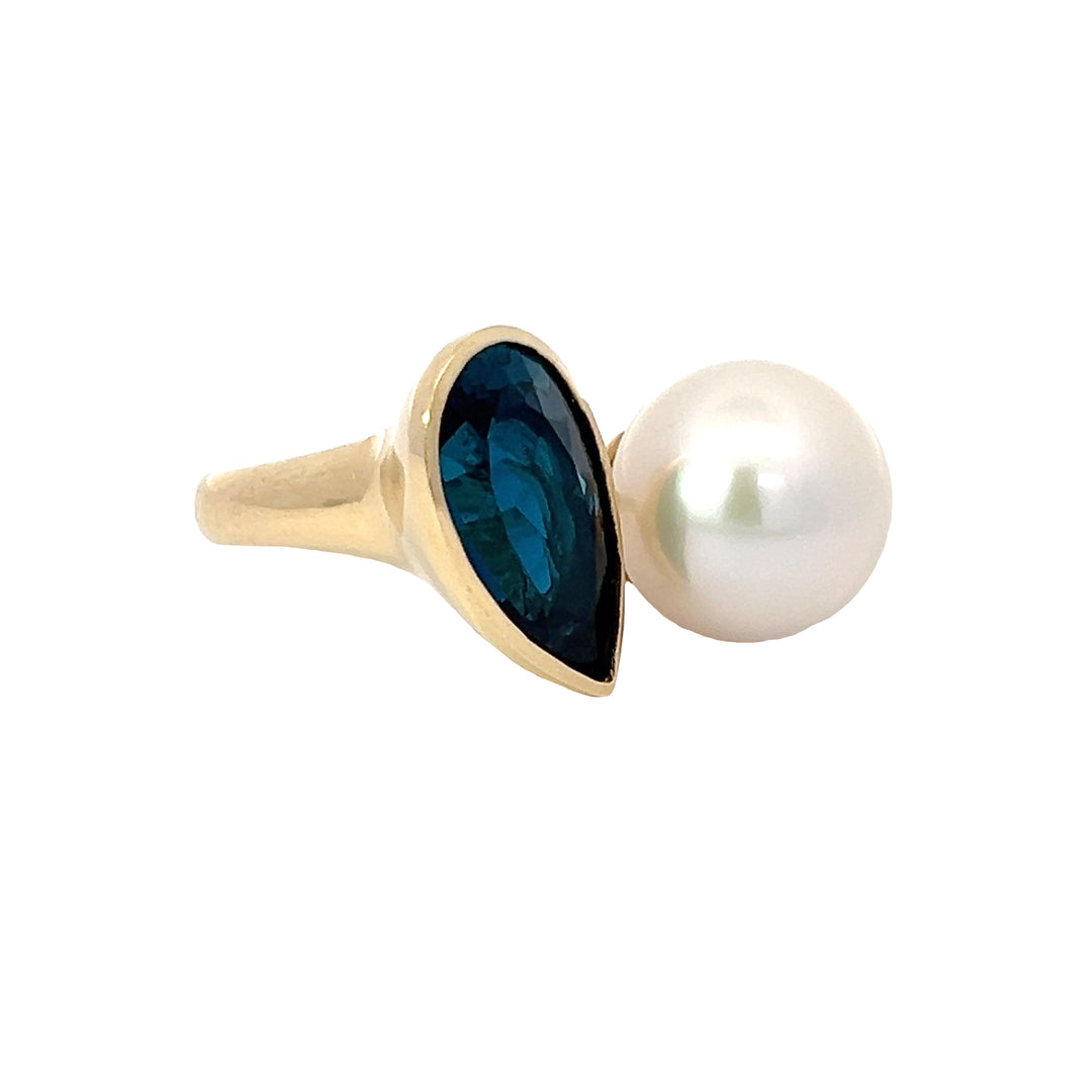 London Blue Topaz & Fresh Water Pearl 14K Yellow Gold Ring