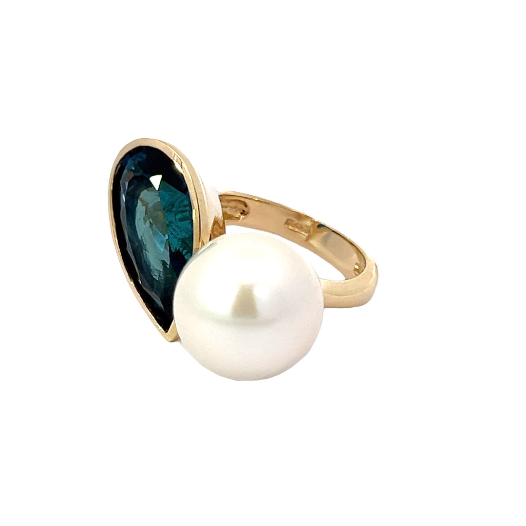 London Blue Topaz & Fresh Water Pearl 14K Yellow Gold Ring