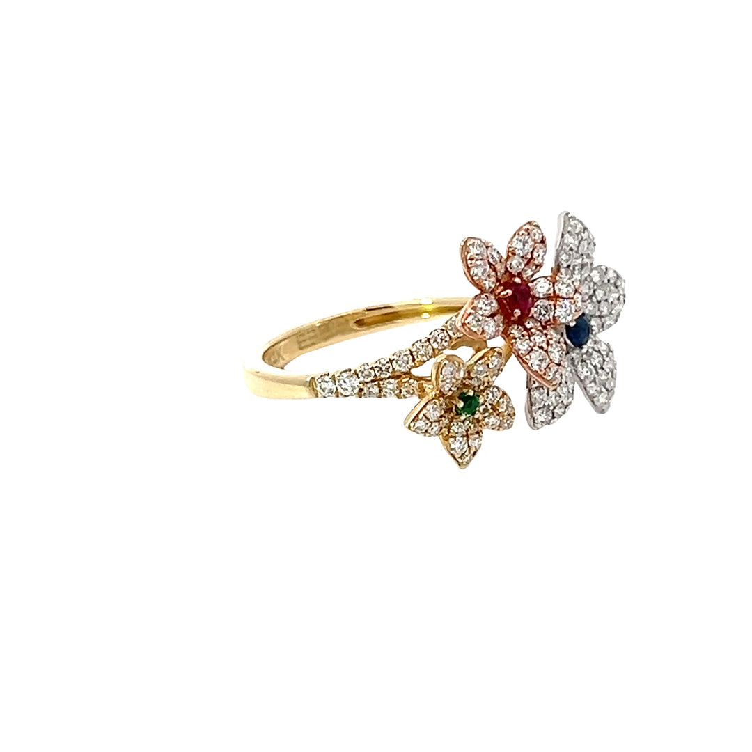 Emerald, Ruby, Sapphire and Diamond Flower Ring