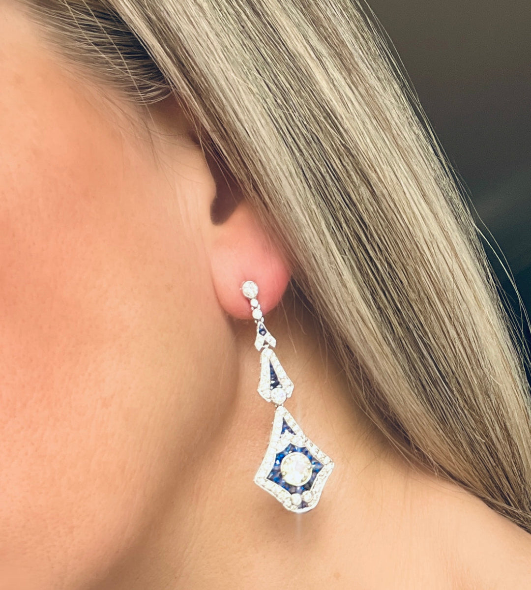 Custom Art Deco Style Diamond and Sapphire Dangle Earrings