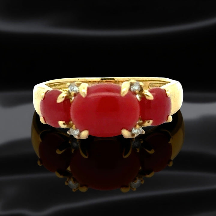 Italian Natural Coral and Diamond 18kt Yellow Gold Ring