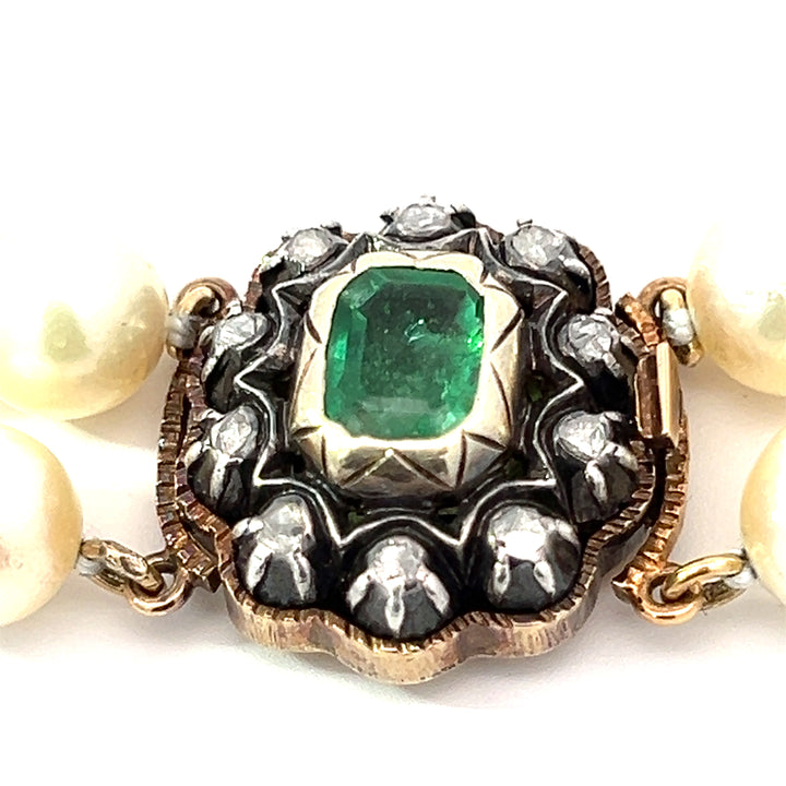 Antique Double Pearl Strand with Diamond and Emerald Clasp Necklace