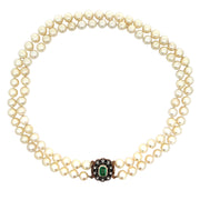 Antique Double Pearl Strand with Diamond and Emerald Clasp Necklace