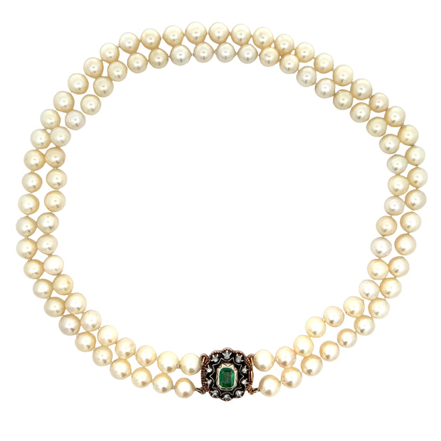 Antique Double Pearl Strand with Diamond and Emerald Clasp Necklace