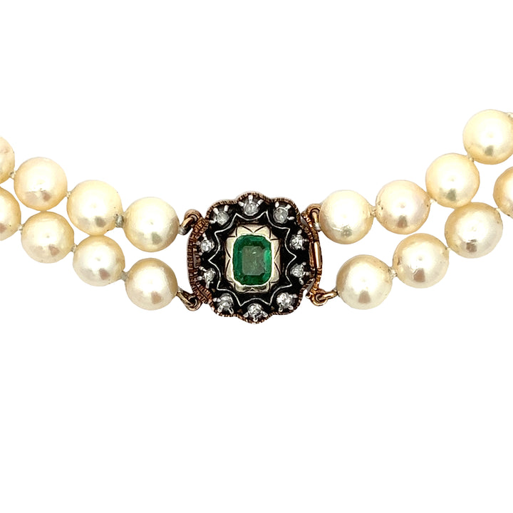 Antique Double Pearl Strand with Diamond and Emerald Clasp Necklace