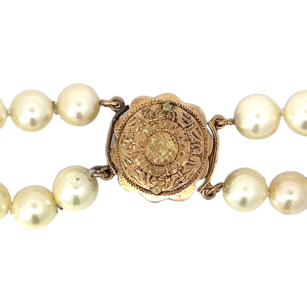 Antique Double Pearl Strand with Diamond and Emerald Clasp Necklace