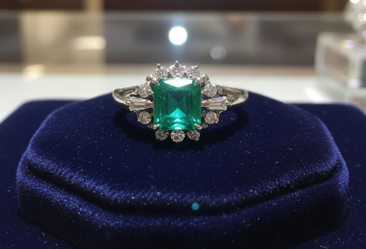 Fine Emerald and Diamond Platinum Ring