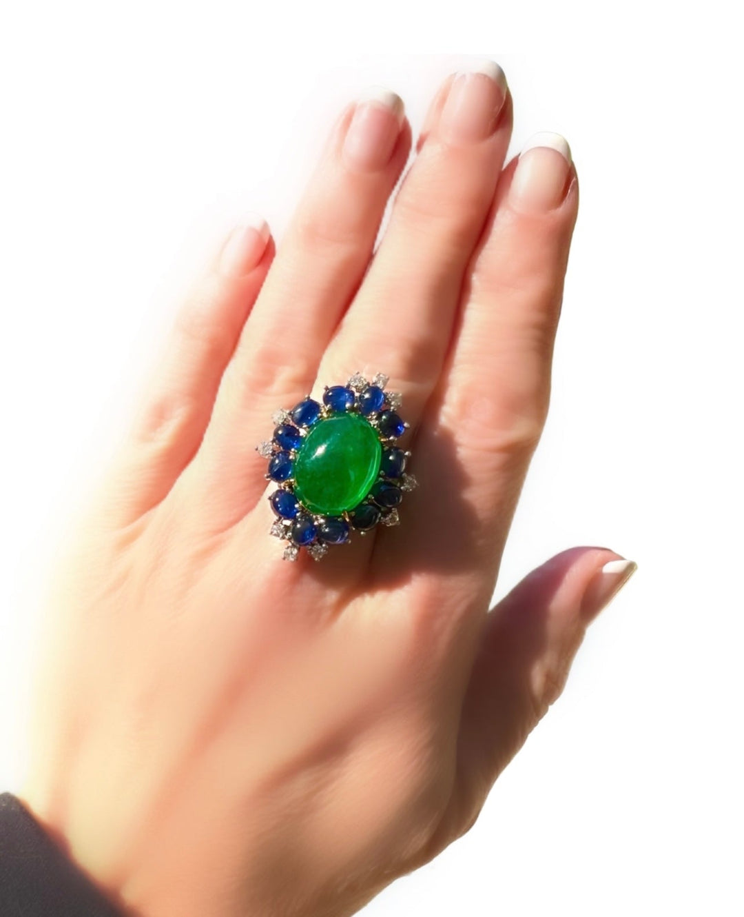 Parisian Inspired Emerald, Sapphire and Diamond 18K White Gold Ring