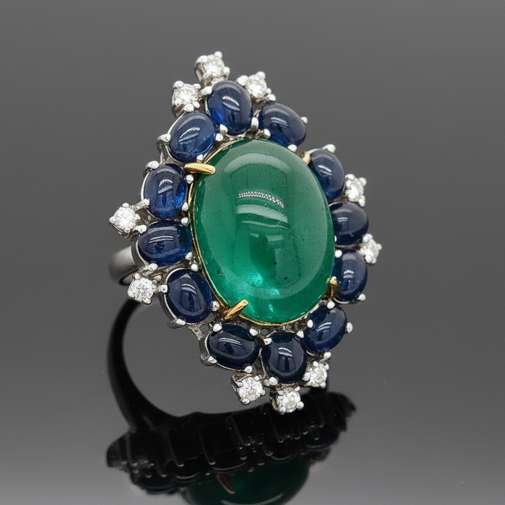 Emerald, Sapphire and Diamond 18K White Gold Ring