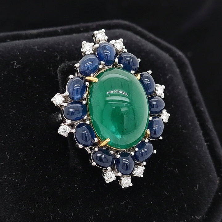 Emerald, Sapphire and Diamond 18K White Gold Ring