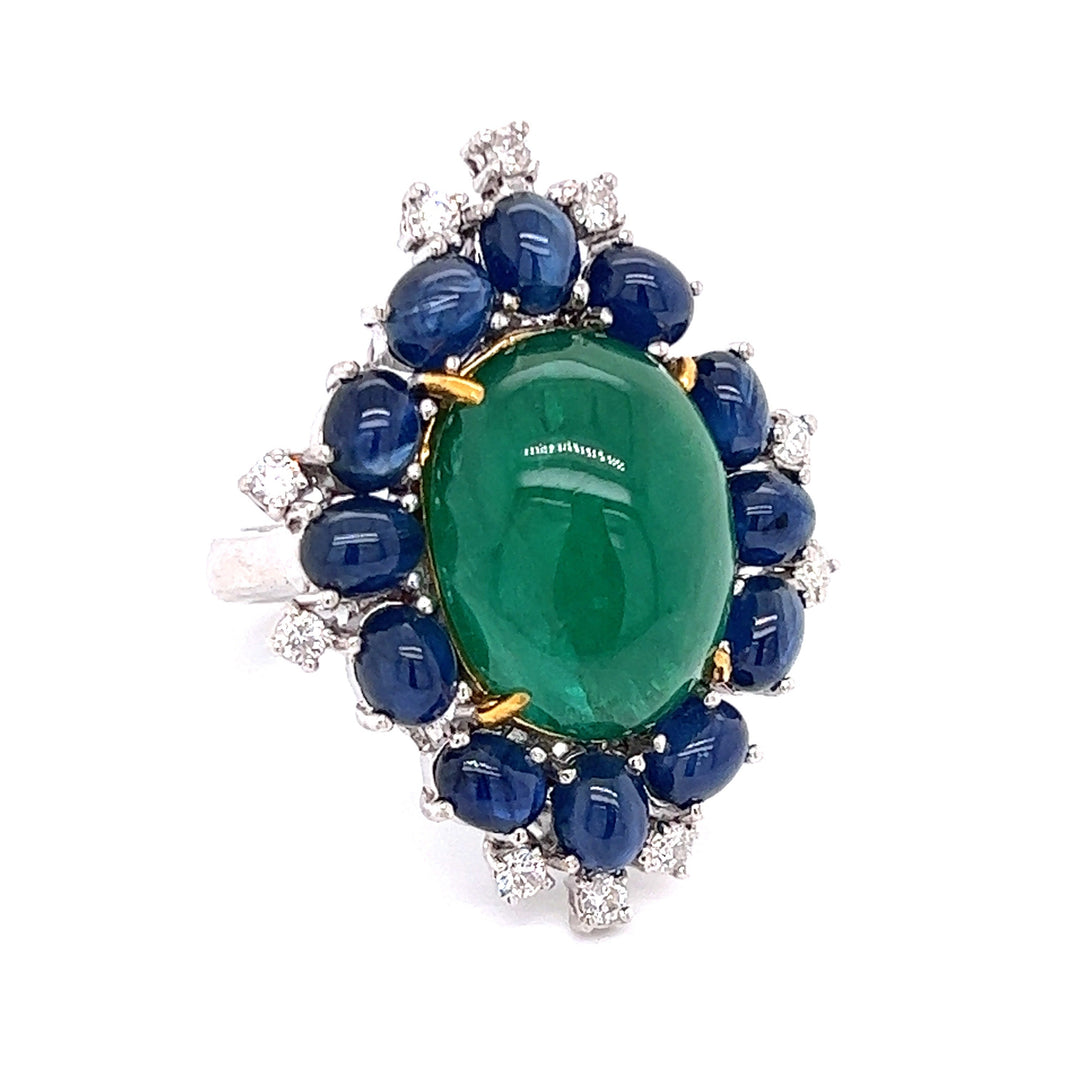 Parisian Inspired Emerald, Sapphire and Diamond 18K White Gold Ring