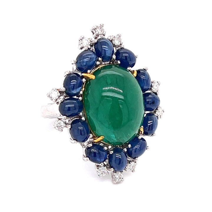Parisian Inspired Emerald, Sapphire and Diamond 18K White Gold Ring