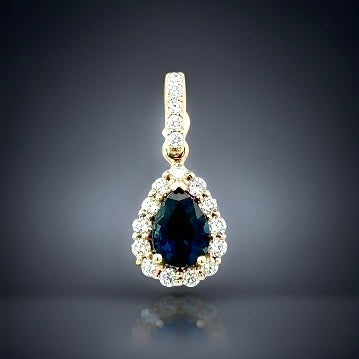 HMA Creations Sapphire and Diamond 14K Yellow Gold Halo Pendant