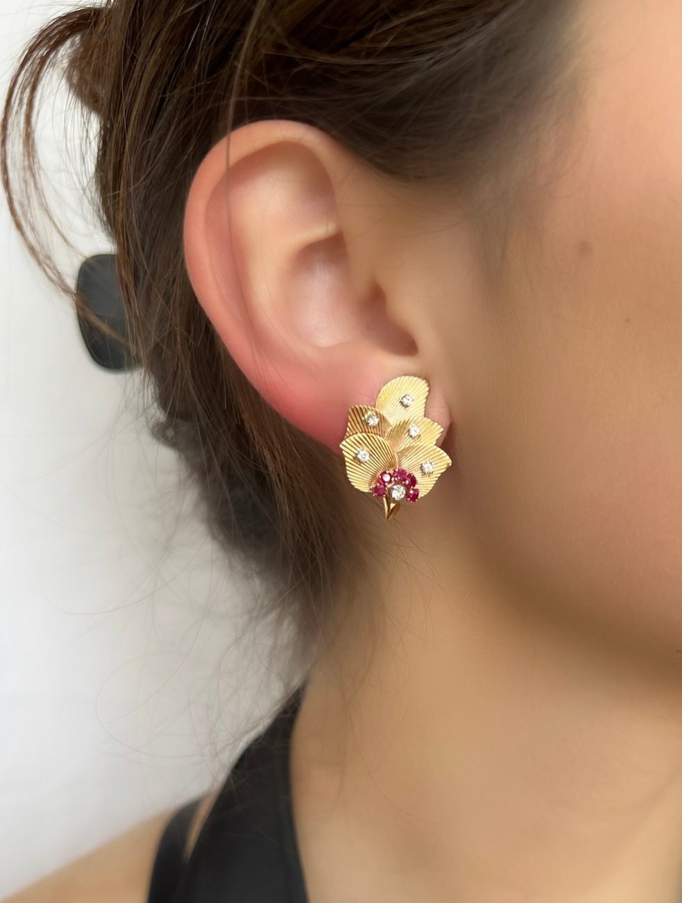 Retro Ruby, Diamond and 18K Gold Leaf Earrings