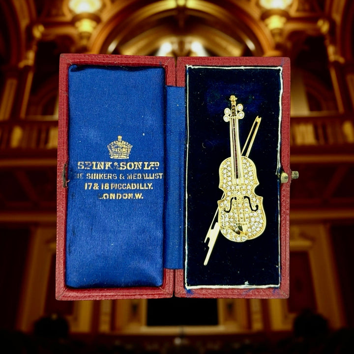 Violin Diamond and Ruby Pendant/Brooch 18kt Yellow Gold