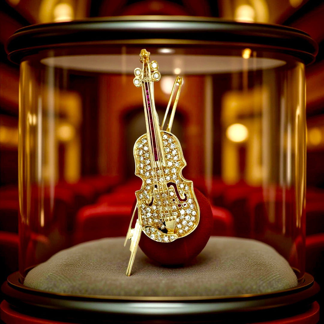Violin Diamond and Ruby Pendant/Brooch 18kt Yellow Gold