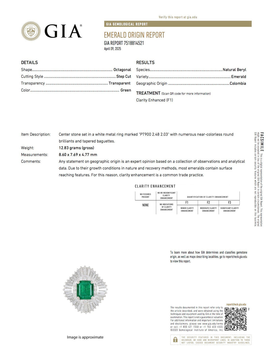 Estate Modern Fine Colombia Emerald (GIA) and Diamond Platinum Ring