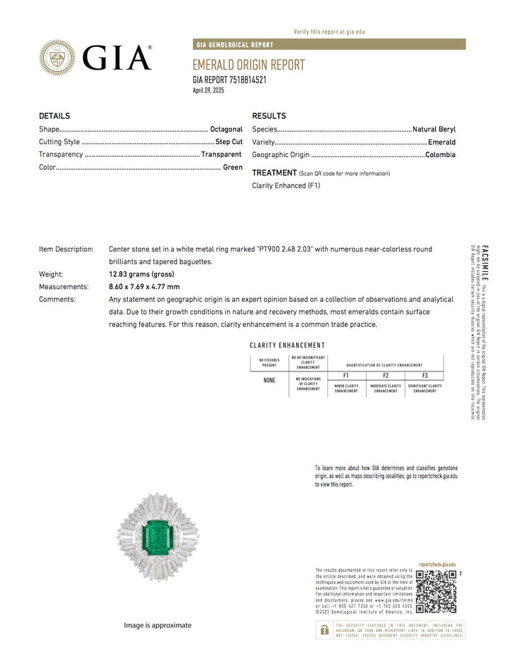 Estate Modern Fine Colombia Emerald (GIA) and Diamond Platinum Ring