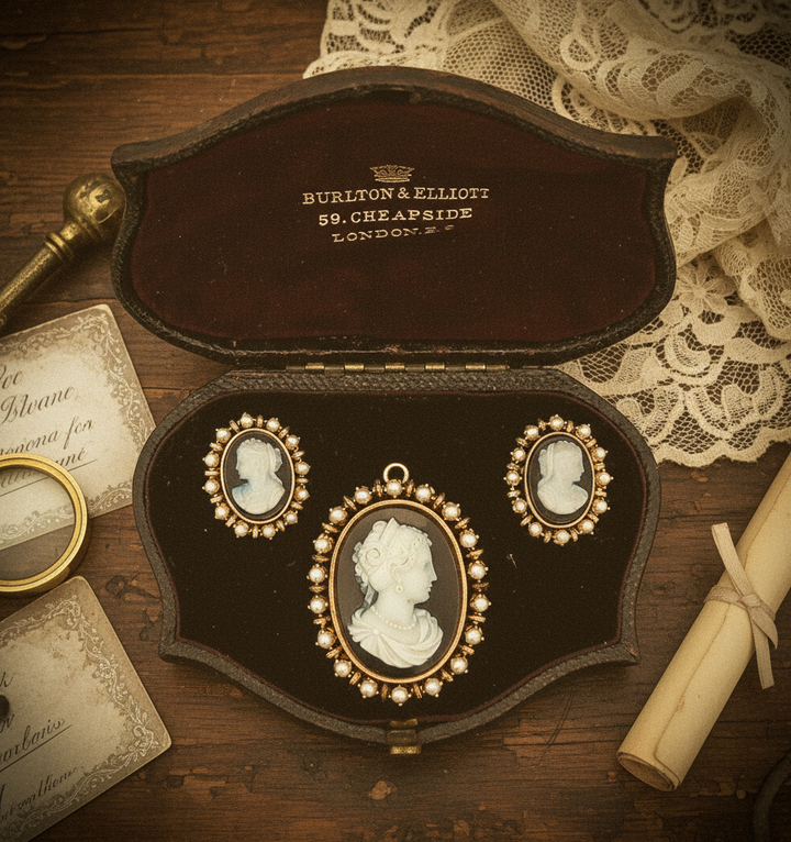 Estate Cultured Pearl Cameo 18K Yellow Gold Earrings Brooch Suite 15625