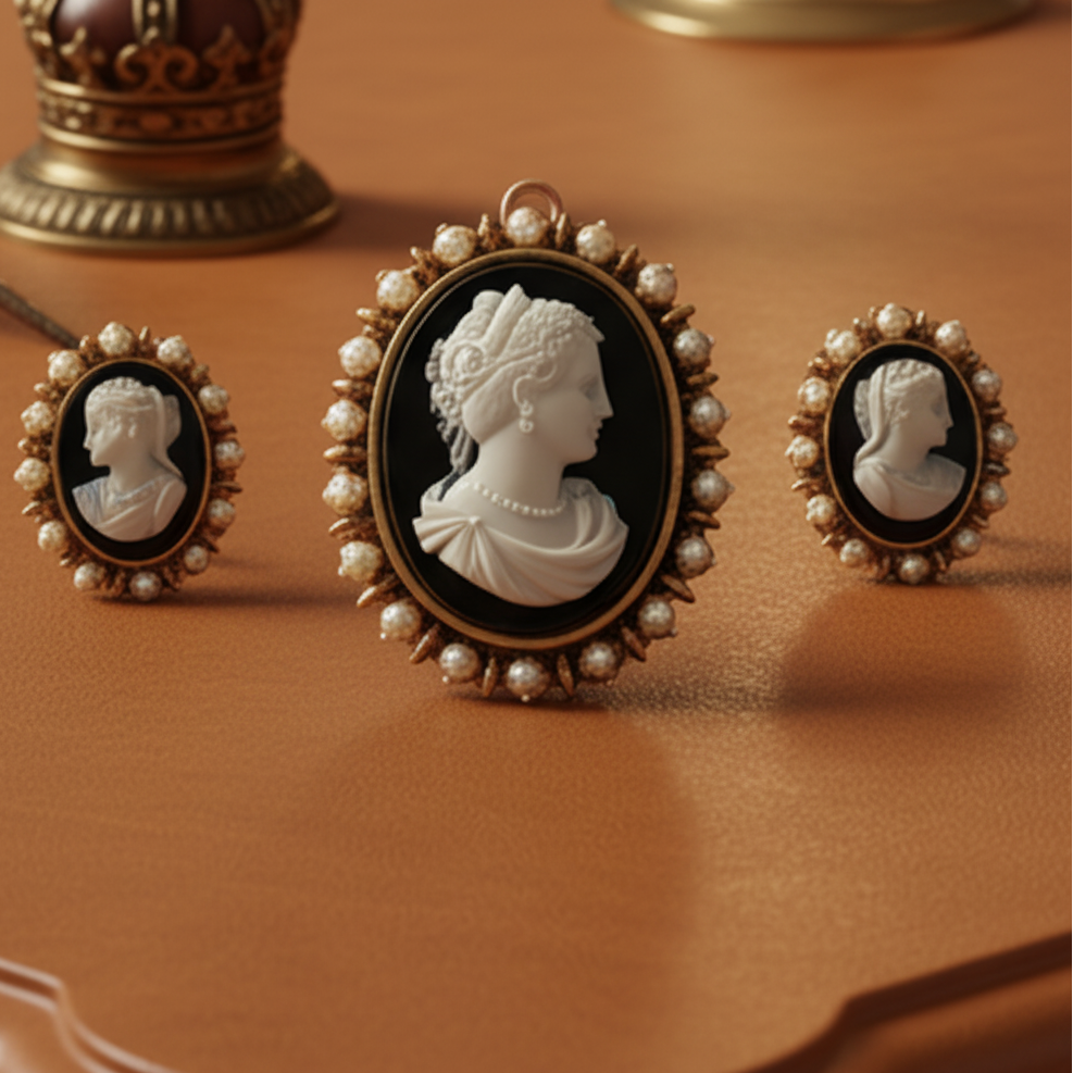 Estate Cultured Pearl Cameo 18K Yellow Gold Earrings Brooch Suite 15625
