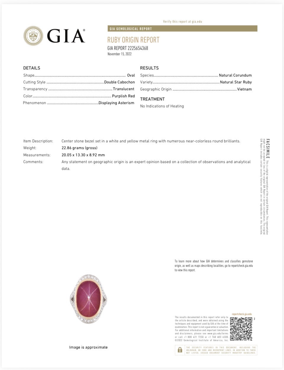 MidCentury Modern 27.36ct GIA Report No Heat Star Ruby and Diamond Platinum/18k Yellow Gold Ring