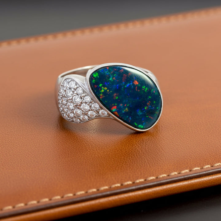 Estate Designer Freeform 4.26ct Black Opal Diamond Platinum Ring 14983