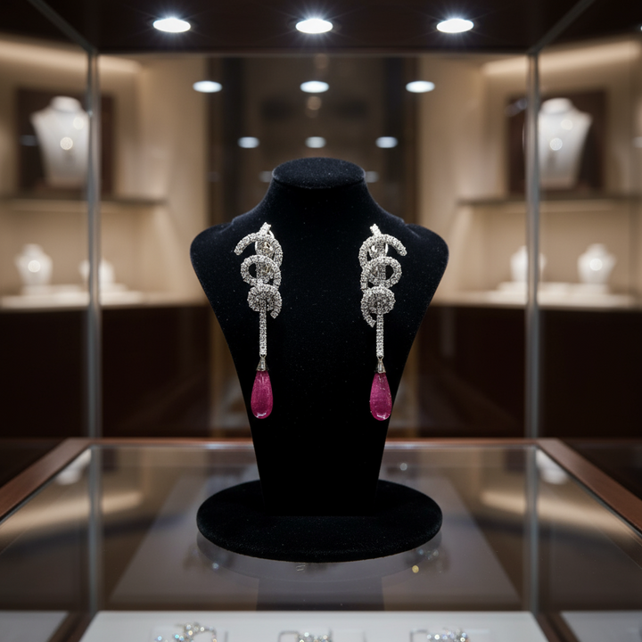 Designer Bergio Diamond and Rubellite 18kt White Gold Earrings