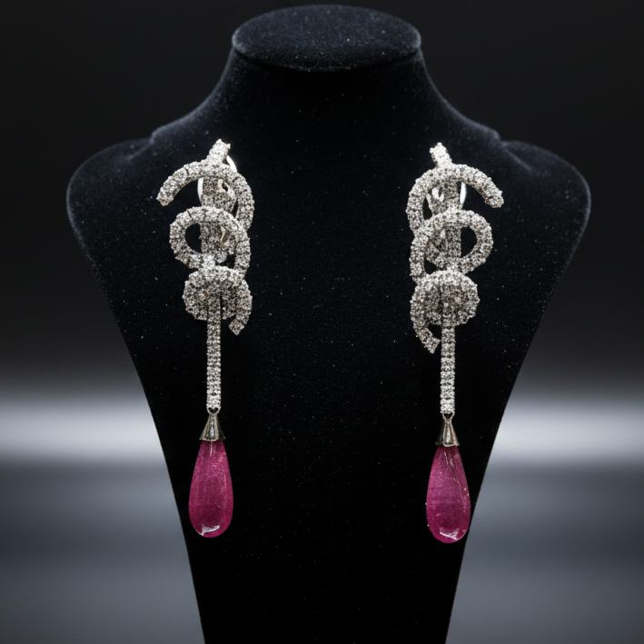 Designer Bergio Diamond and Rubellite 18kt White Gold Earrings