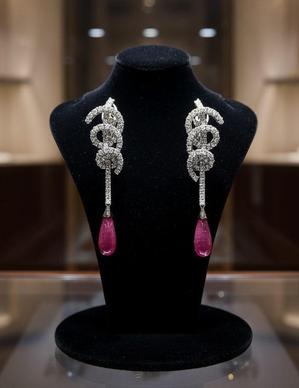 Designer Bergio Diamond and Rubellite 18kt White Gold Earrings