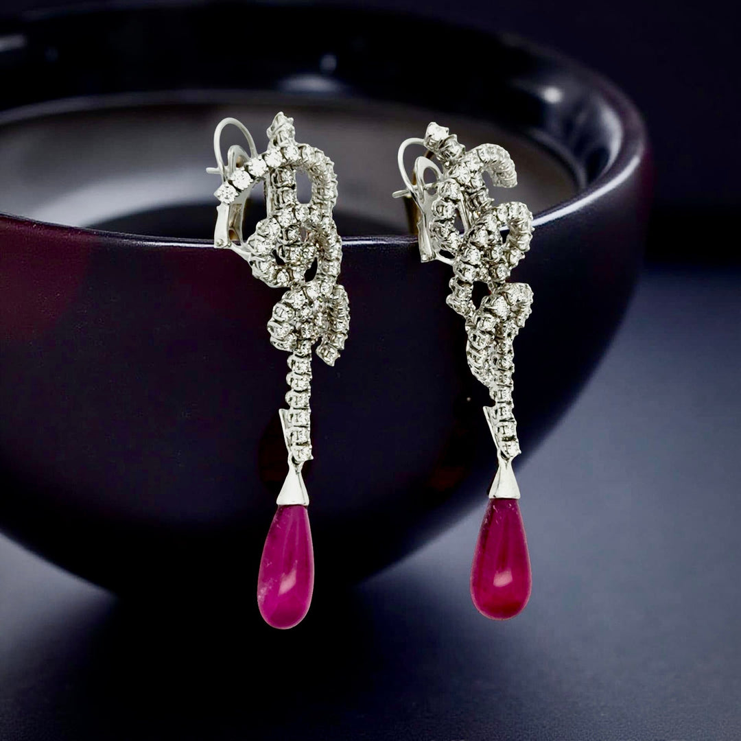 Designer Bergio Diamond and Rubellite 18kt White Gold Earrings