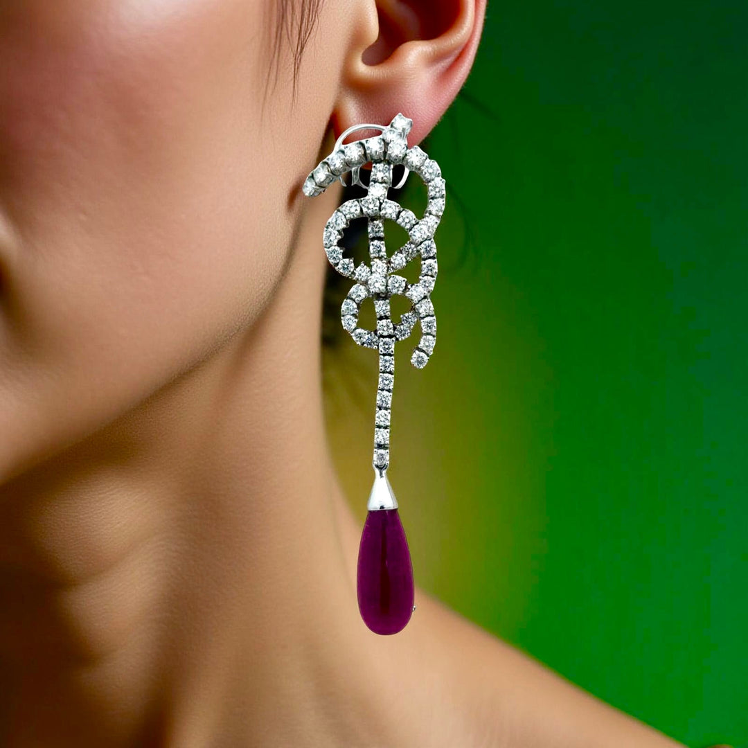 Designer Bergio Diamond and Rubellite 18kt White Gold Earrings