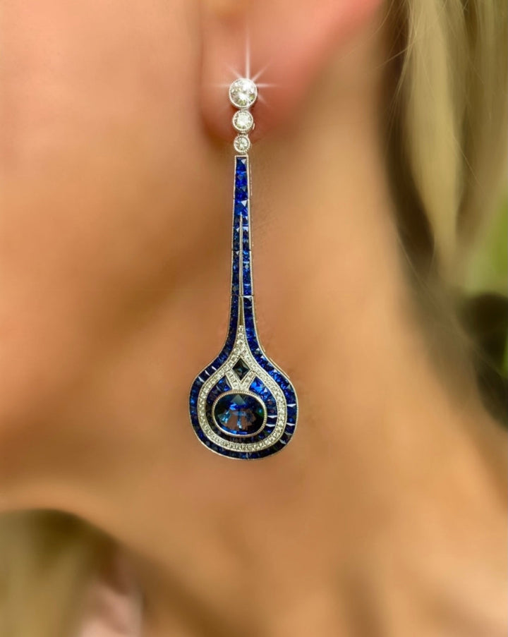 Aristocrat Art Deco Style 11.30 cttw Ceylon Sapphire Diamond Drop Earrings