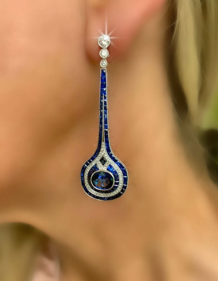 Sapphire and Diamond 18K White Gold Drop Earrings