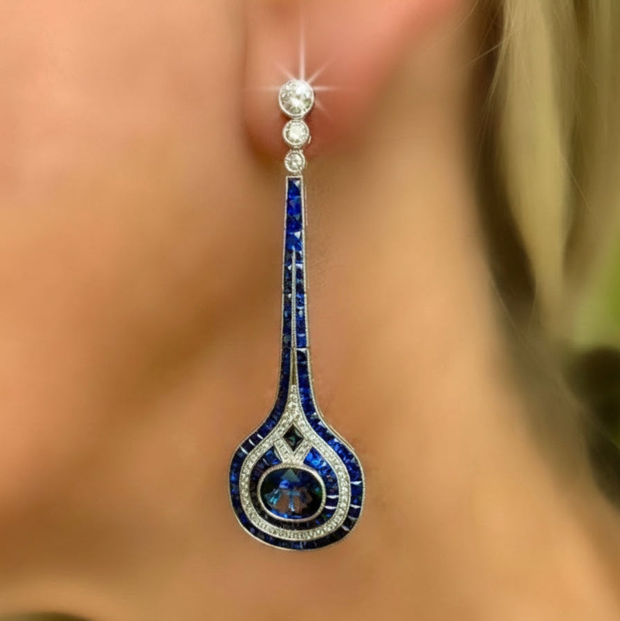 Sapphire and Diamond 18K White Gold Drop Earrings