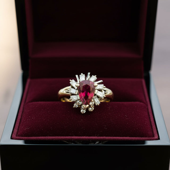 Estate .87 ct Pear Shape Ruby Diamond Platinum Ring 14997