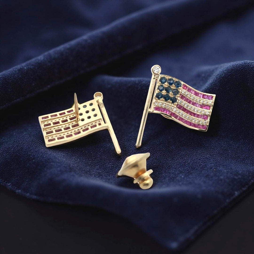 The Presidential American Flag Diamond, Ruby, Sapphire Lapel Brooch 14K Yellow Gold 15308