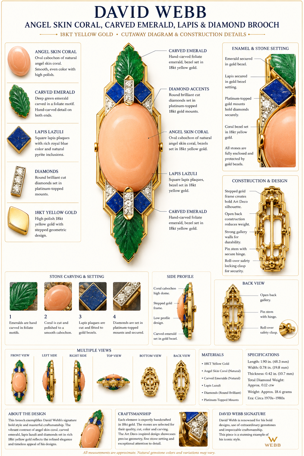 David Webb Coral, Emerald, Diamond and Lapis Lazuli Brooch