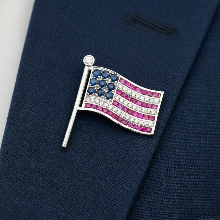 The Presidential  American Flag Diamond, Ruby, Sapphire Lapel Brooch 14K White Gold 15278