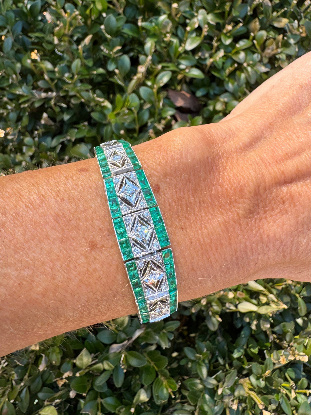 Emerald and 1.24 Carat Diamond Art Deco Style Bracelet