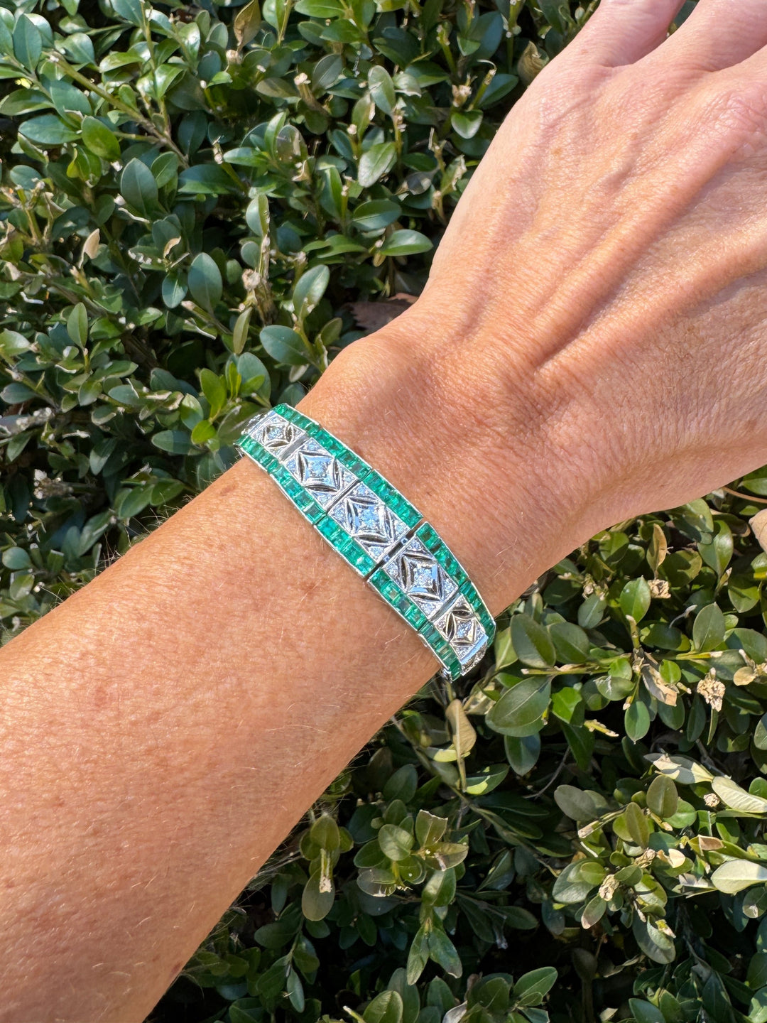 Emerald and 1.24 Carat Diamond Art Deco Style Bracelet