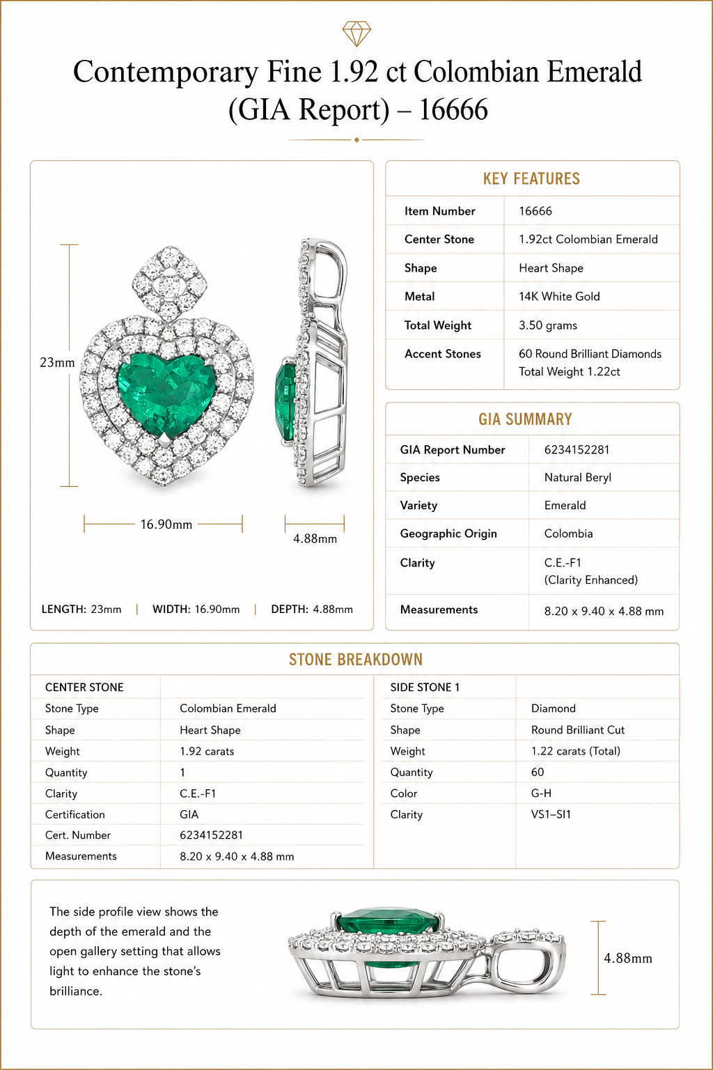 Contemporary Designer A.V. 1.92ct Colombian Emerald & Diamond 14K White Gold Pendant