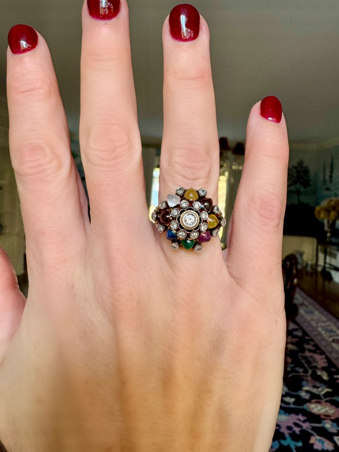 Vintage 14K Gold, Diamond and Multi Gemstone Thai Princess Harem Ring