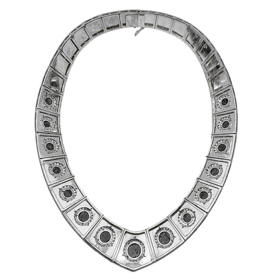 Vintage 1960s 18K White Gold, Rose Cut Black Diamonds and White Diamond Statement Necklace